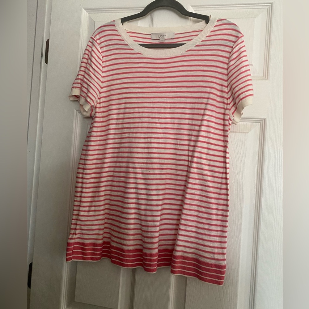 LOFT Pink and Ivory Striped Top Large